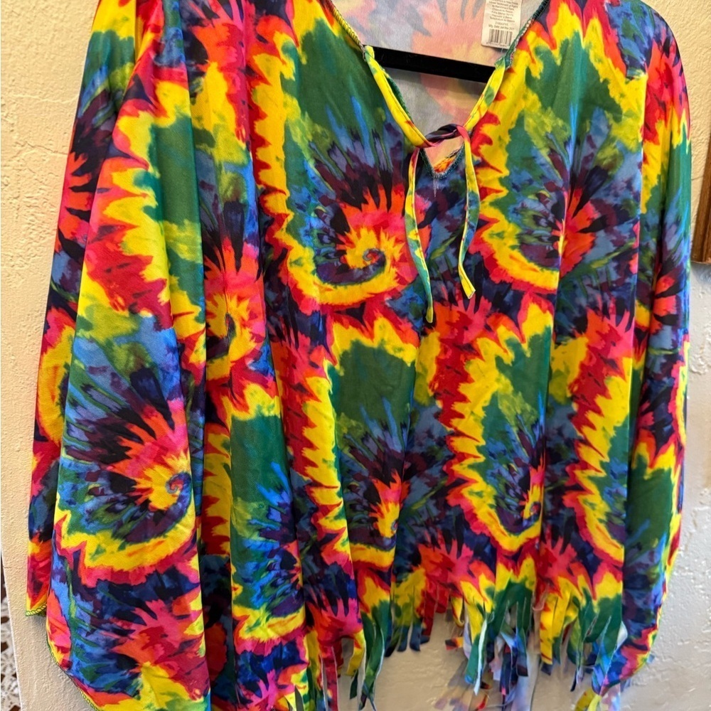 Vibrant Tie-Dye Fringe Top Hippie Costume Cape - Picture 2 of 11